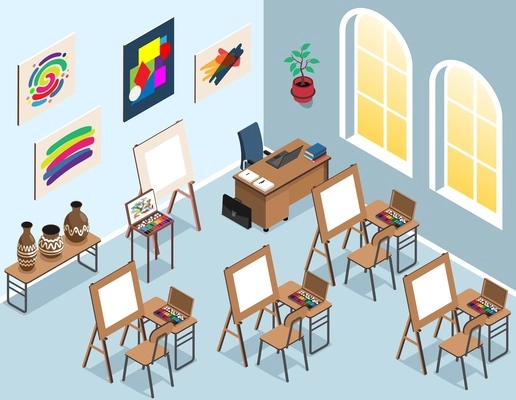 Isometric art class interior composition with indoor view of school room with drawing easels and examples vector illustration