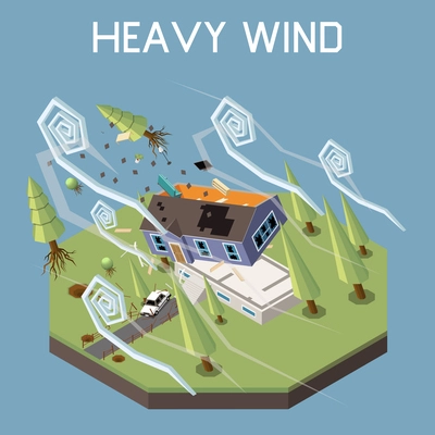 Natural disaster isometric composition with tornado breaking the house vector illustration