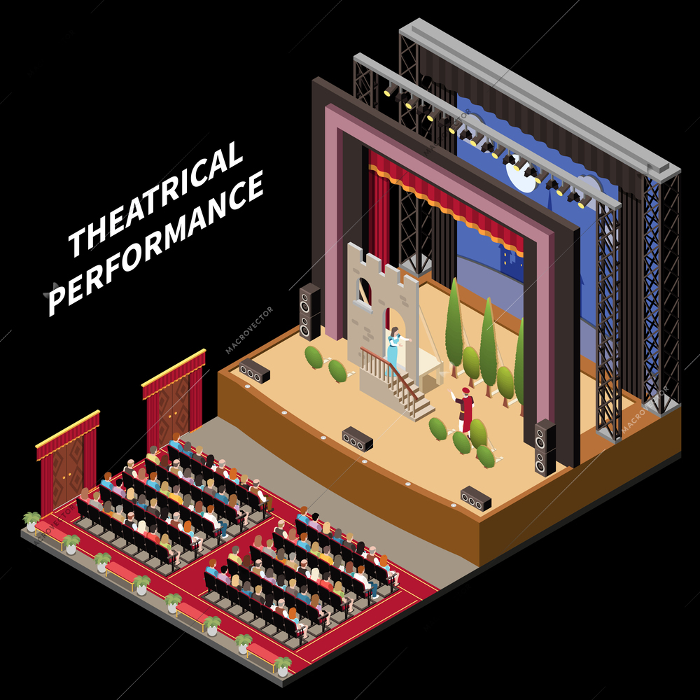 Theatre interior stage isometric concept with classical drama performance vector illustration