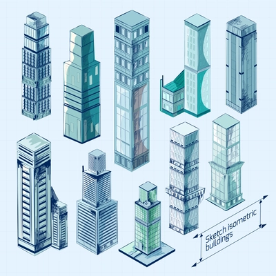 Sketch isometric 3d business buildings colored skyscraper decorative icons set isolated vector illustration