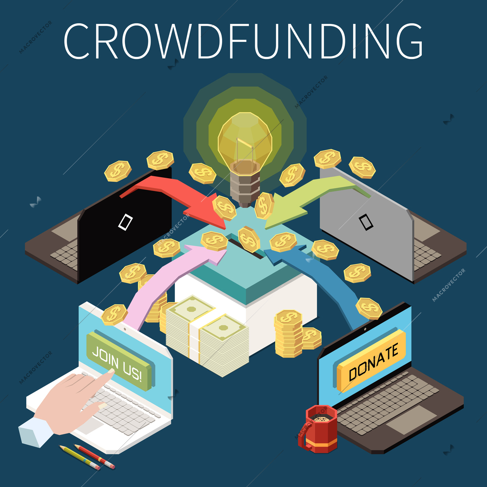 Crowdfunding isometric concept with money donation and fundraising symbols vector illustration