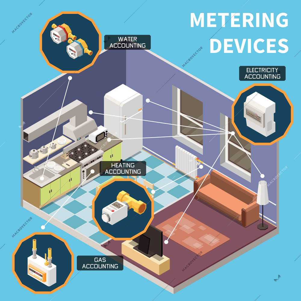 Utility expences isometric concept with household service metering devices vector illustration