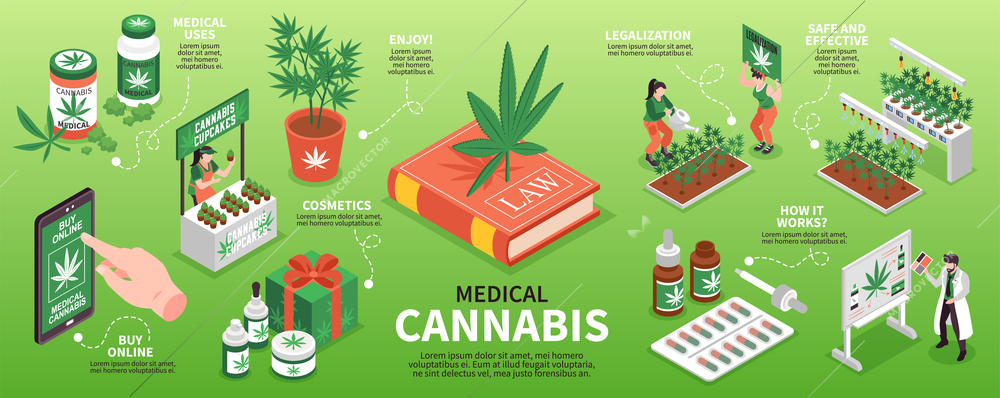 Medical cannabis infographics layout with legalization cosmetics cupcakes market buy online isometric elements vector illustration