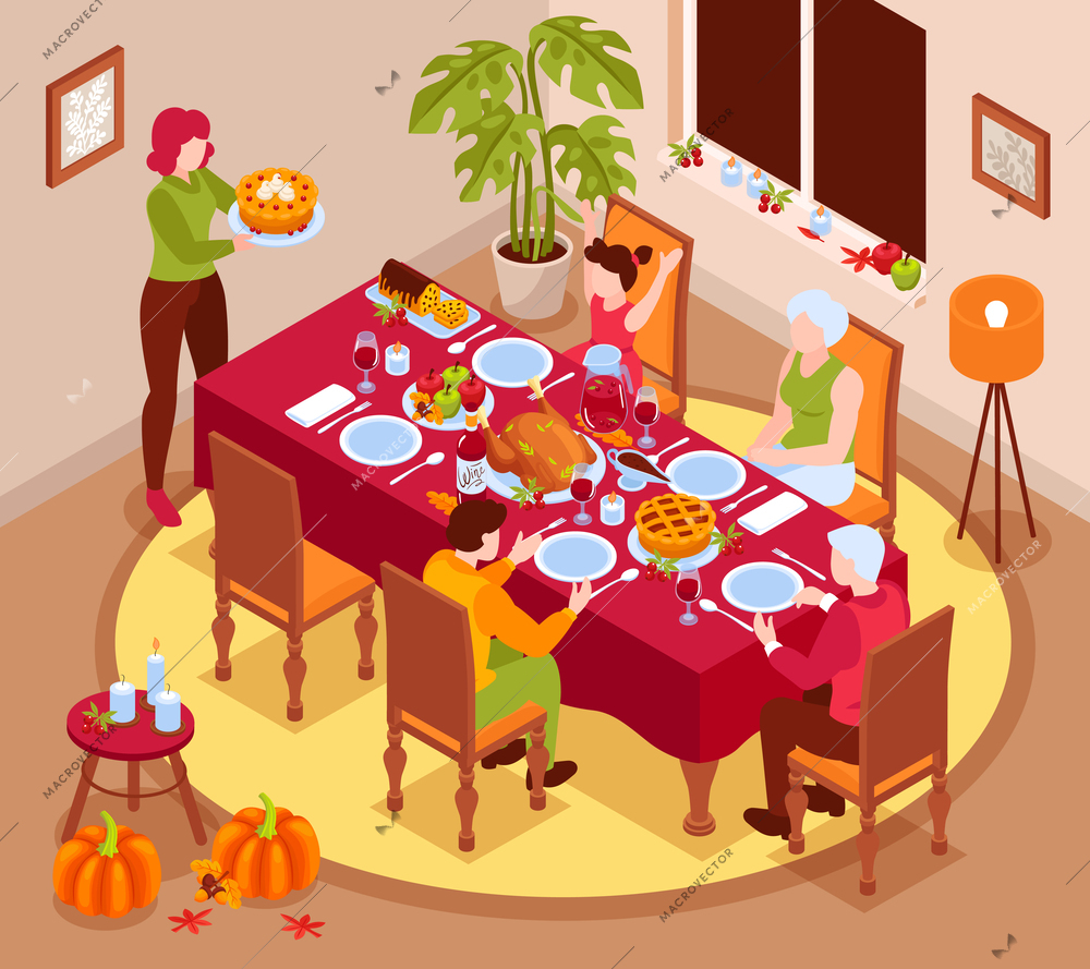 Thanksgiving day isometric background with family sitting at festive table with turkey and delicious food vector illustration