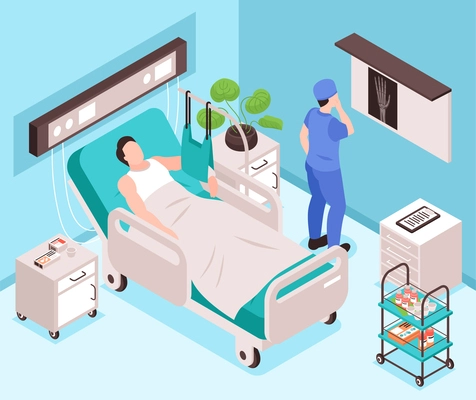 After injury isometric background with patient lying in bed and doctor examining  xray of  broken arm vector illustration