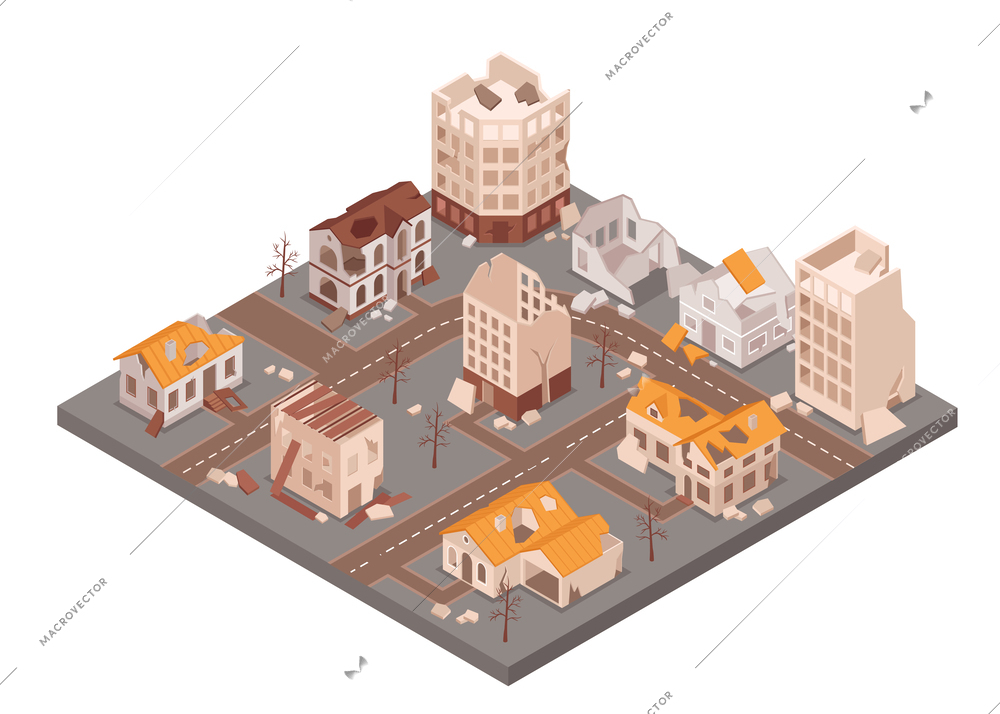 Dilapidated deserted city isometric composition with multi storey ruined buildings 3d vector illustration