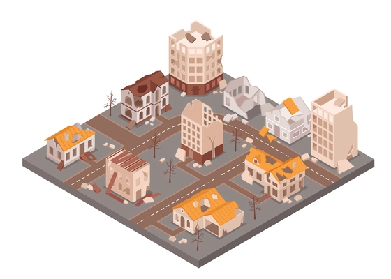 Dilapidated deserted city isometric composition with multi storey ruined buildings 3d vector illustration