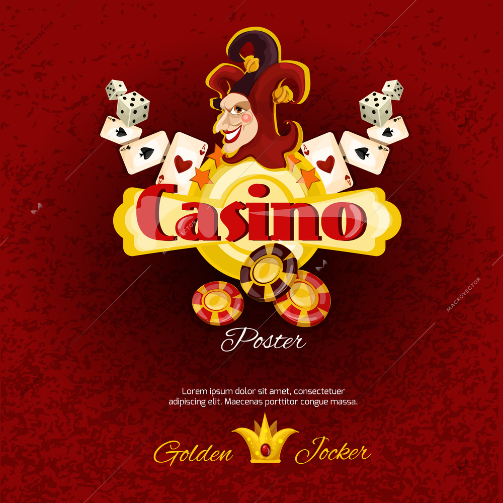 Casino poster with dice chips cards and smiling jocker face vector illustration