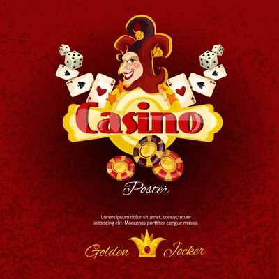 Casino poster with dice chips cards and smiling jocker face vector illustration