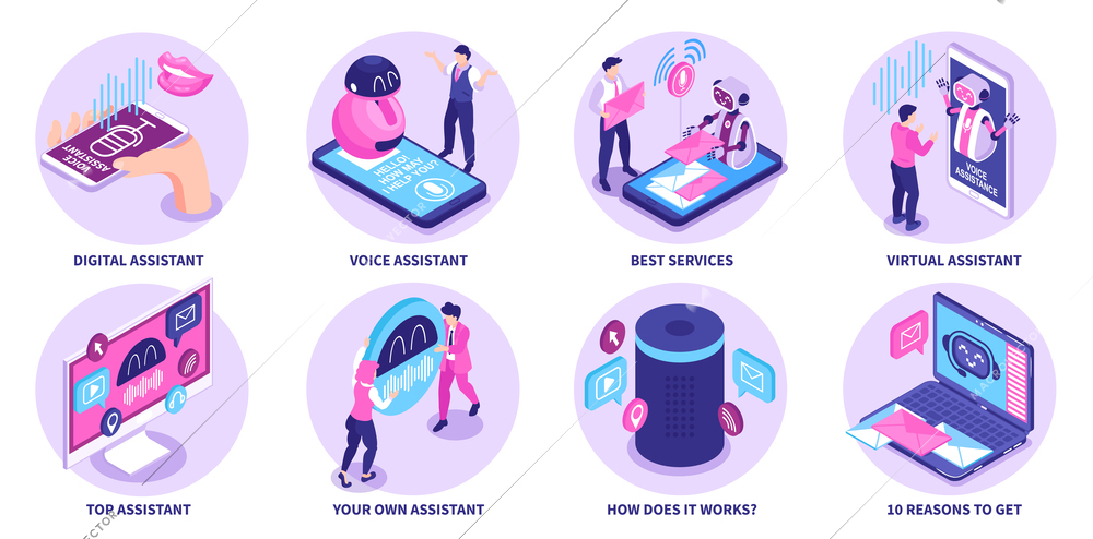 Isolated round compositions with voice activated digital devices so as home adviser smart speaker virtual robot assistant isometric vector illustration