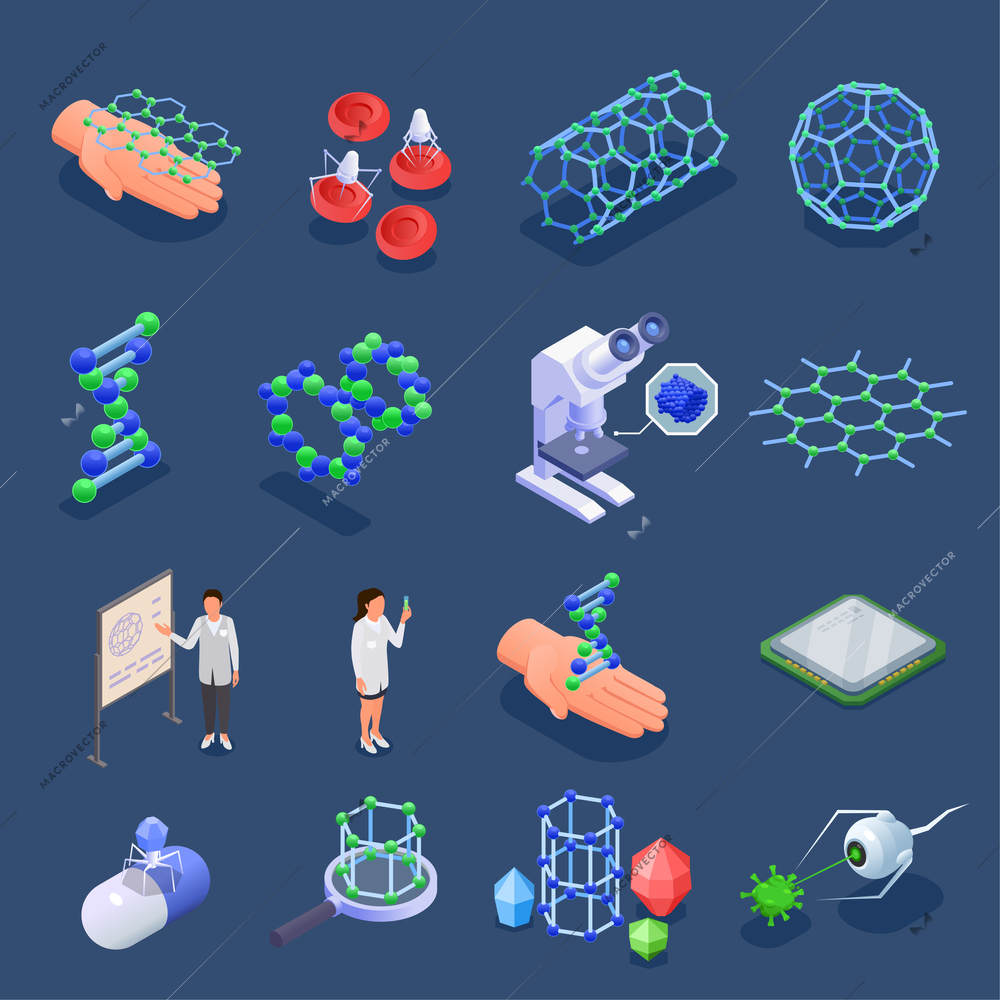 Nanotech isometric set with isolated icons of molecular grid structures atoms microprocessor and characters of scientists vector illustration