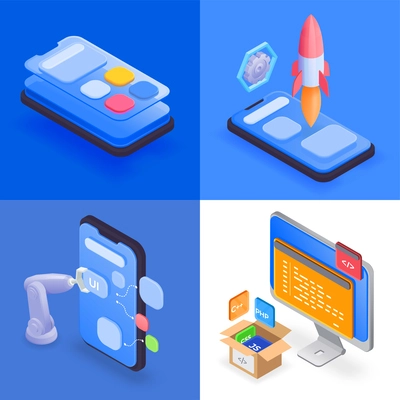 Mobile app development set with compositions of isometric smartphone ui layout rocket launch and code icons vector illustration