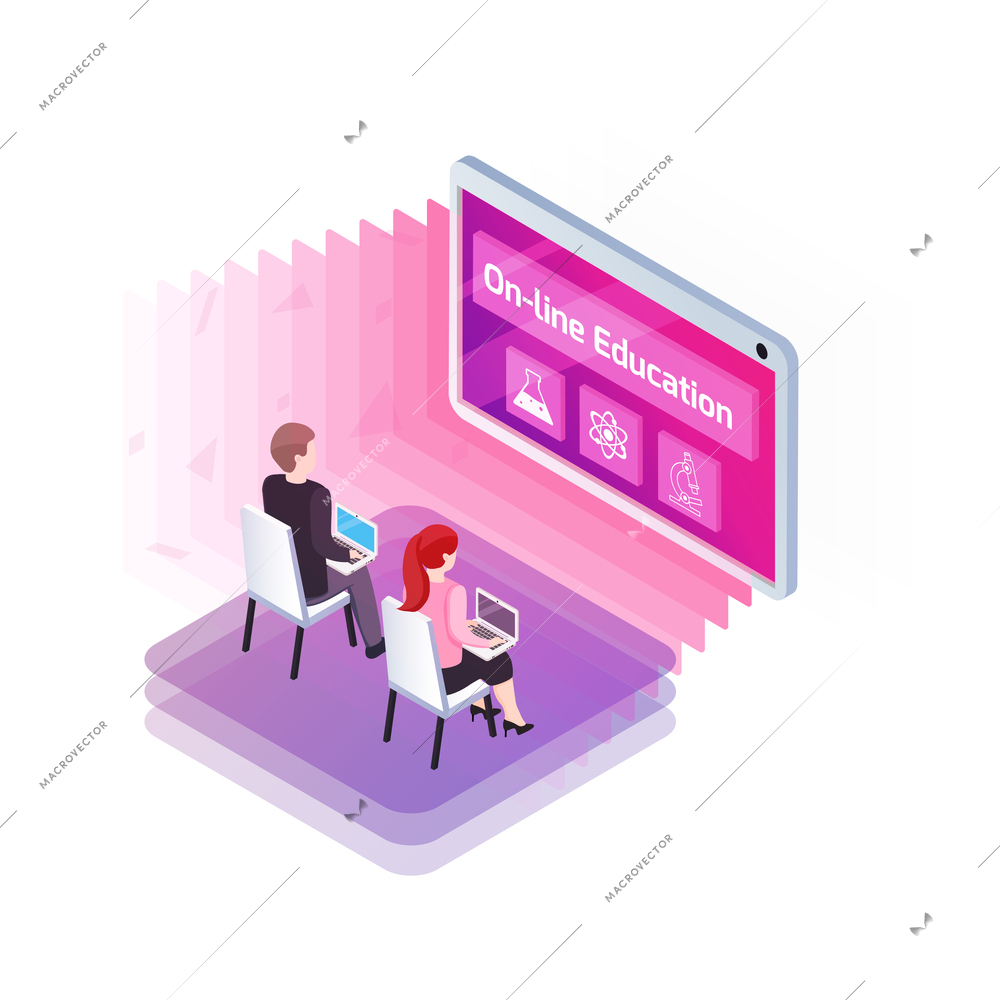 Isometric online education concept with students watching lecture on laptops 3d vector illustration