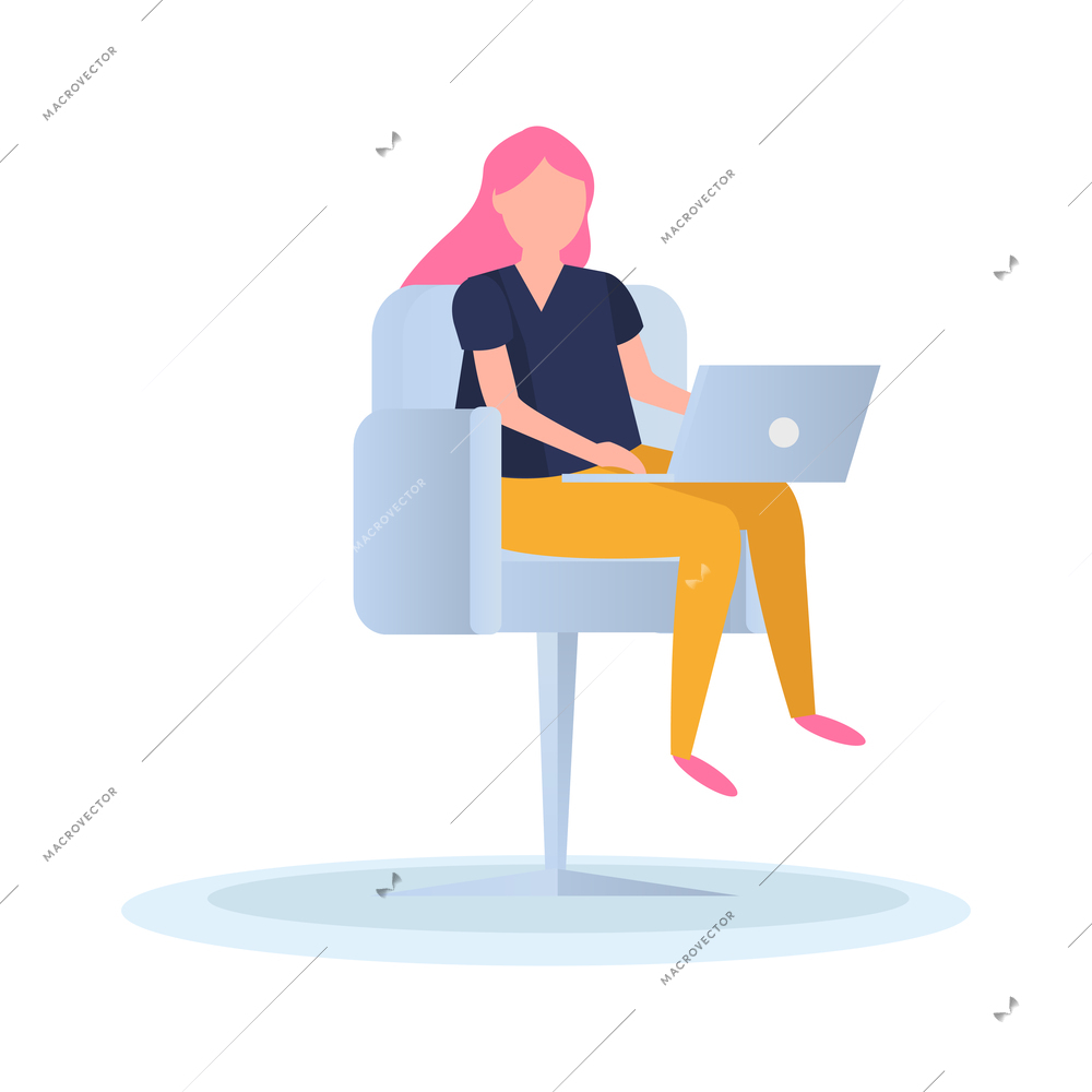 Woman working on laptop sitting in armchair flat vector illustration