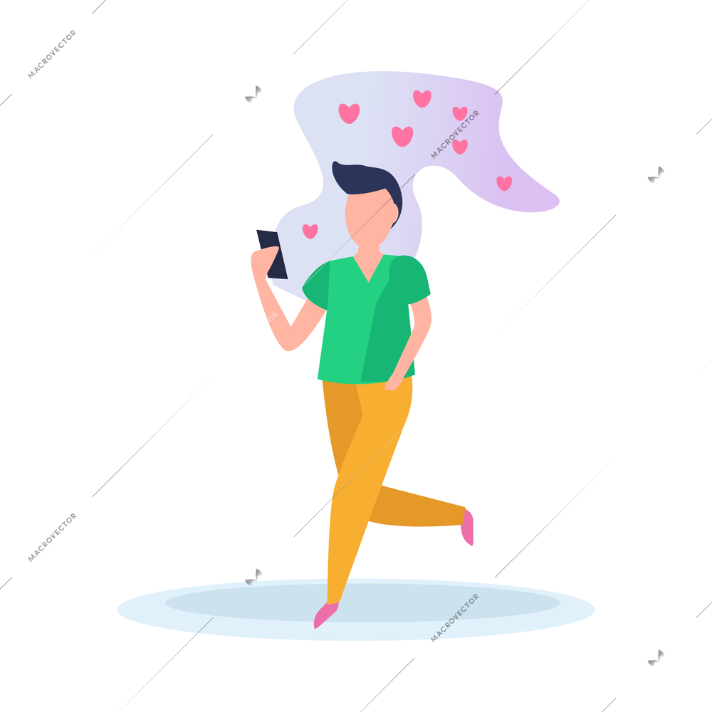 Virtual love flat icon with man chatting online with woman using dating smartphone app vector illustration