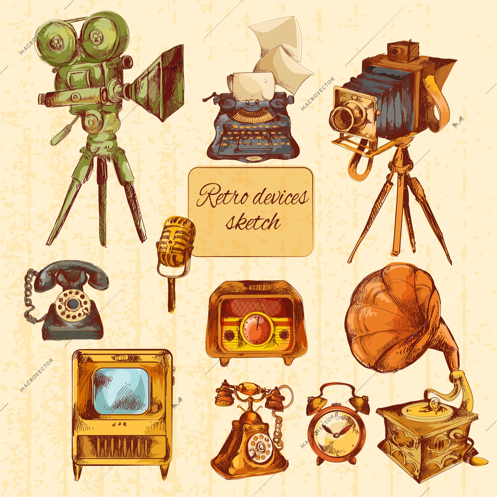 Retro devices sketch colored decorative icons set with microphone tv gramophone isolated vector illustration