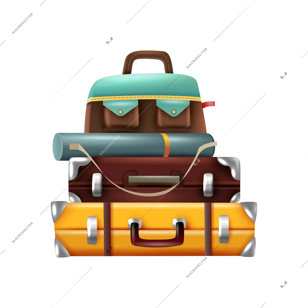 Realistic luggage with stacked suitcases and bags vector illustration