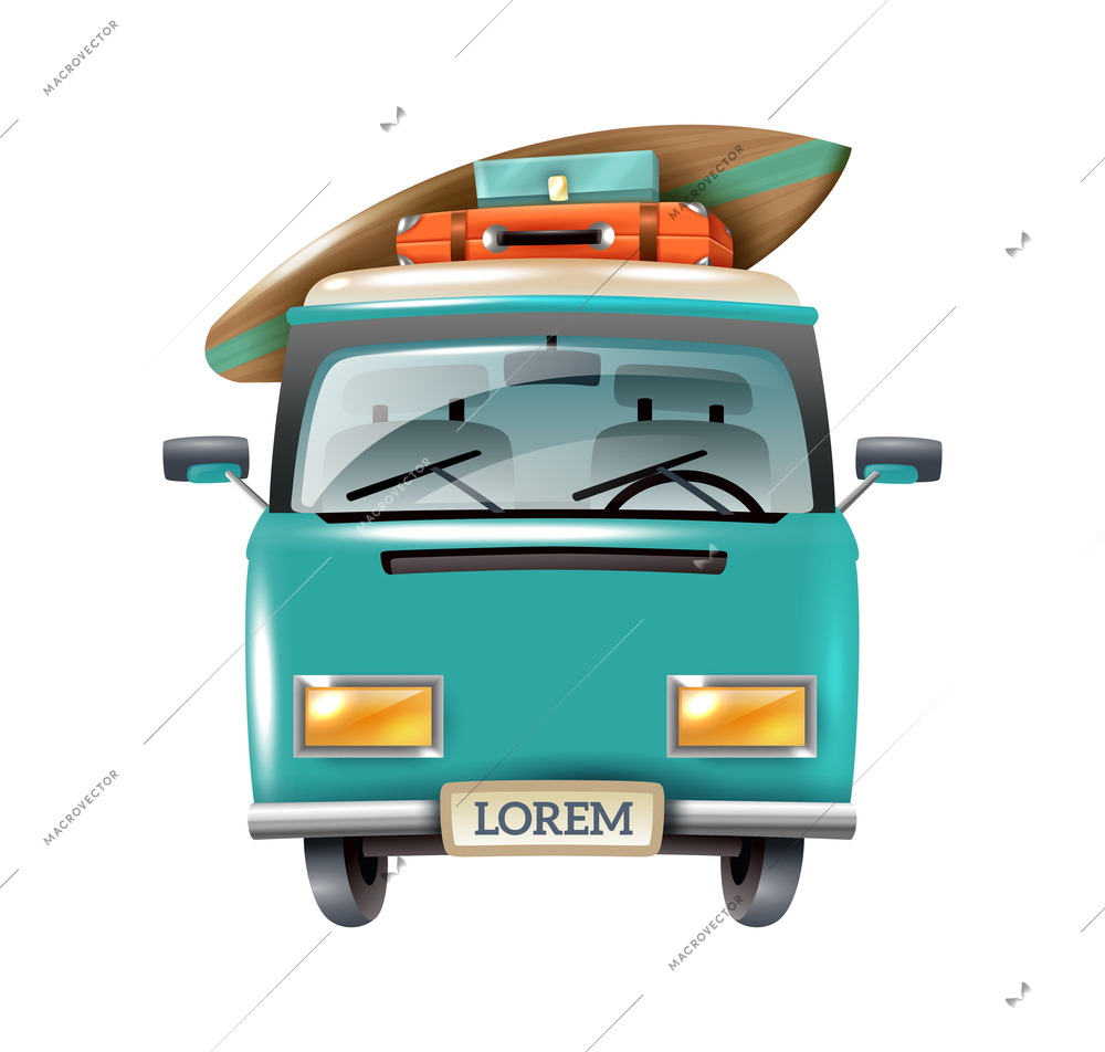 Realistic travel van with surfboard and suitcases front view vector illustration