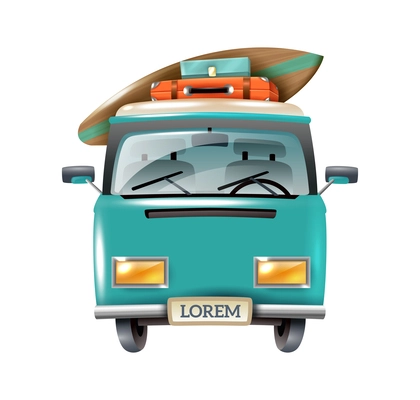 Realistic travel van with surfboard and suitcases front view vector illustration