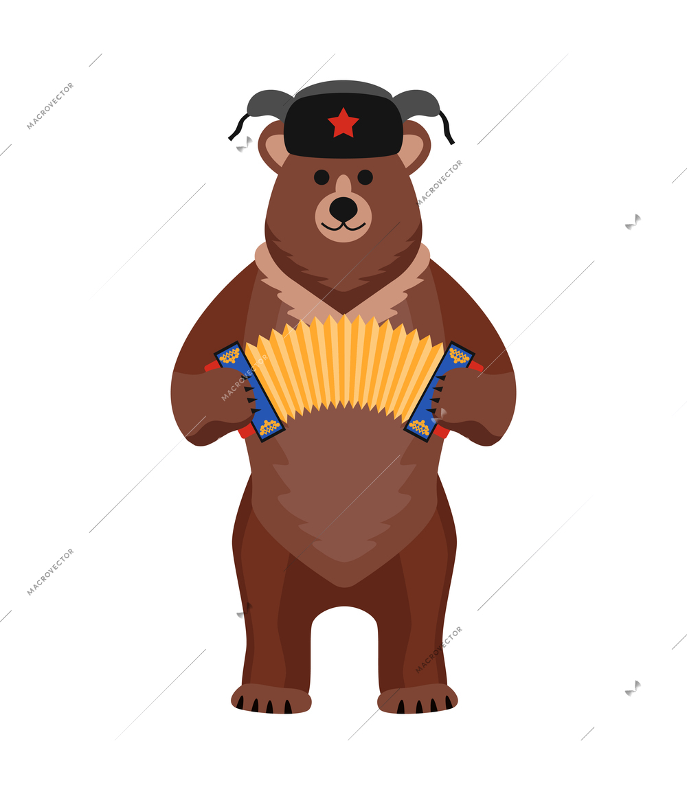 Flat brown bear in ushanka playing accordion traditional russian symbol vector illustration