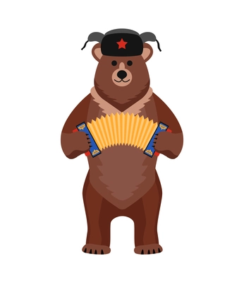 Flat brown bear in ushanka playing accordion traditional russian symbol vector illustration