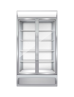 Realistic empty commercial refrigerator with glass doors vector illustration