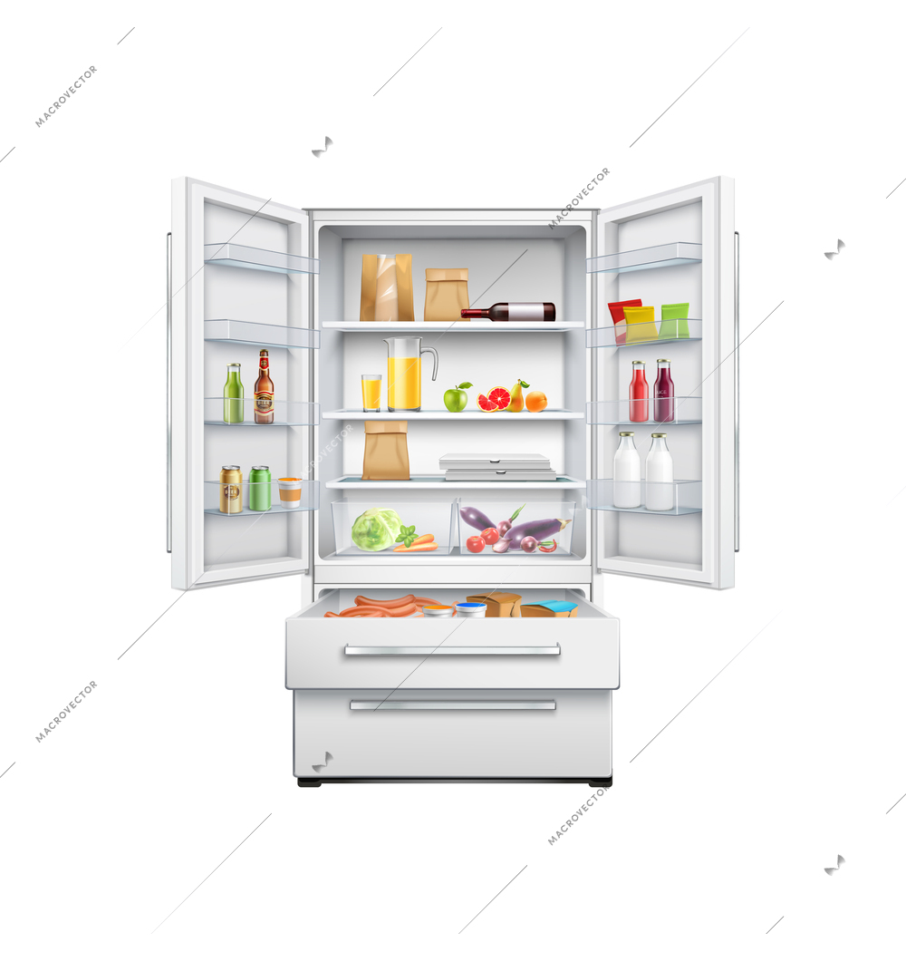 Modern open fridge with food and drinks on shelves realistic vector illustration