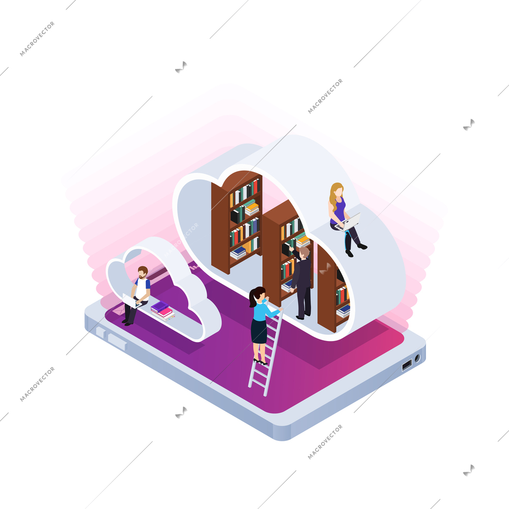 Elearning isometric concept with students using virtual cloud library 3d vector illustration