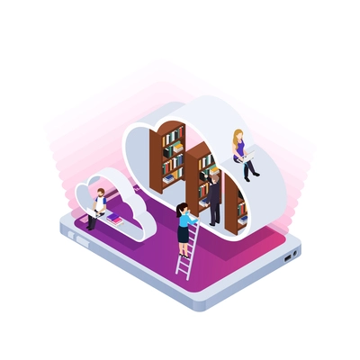 Elearning isometric concept with students using virtual cloud library 3d vector illustration