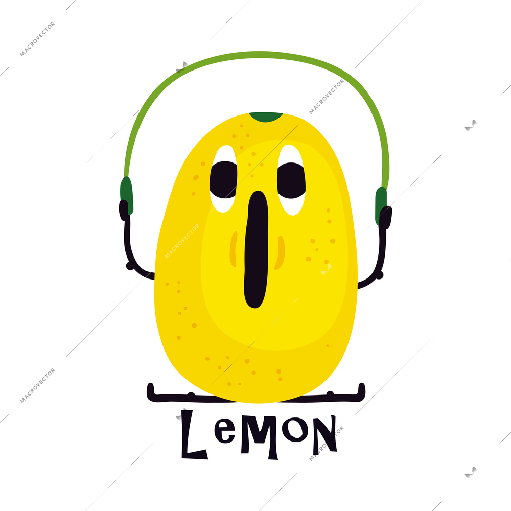 Cute lemon character doing sport with jumping rope cartoon vector illustration