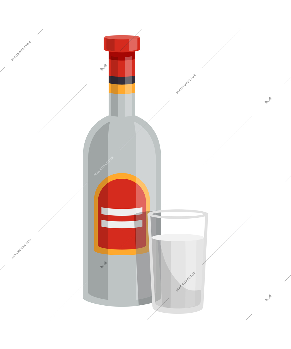 Flat bottle of vodka with glass vector illustration