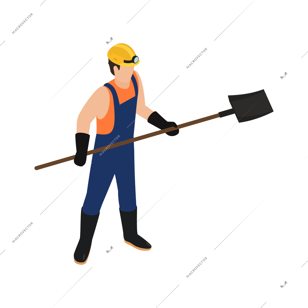 Miner wearing hardhat holding shovel isometric vector illustration