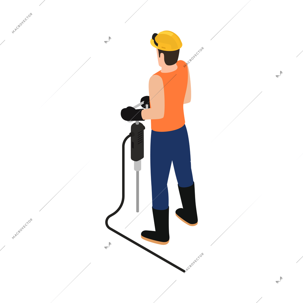 Isometric miner working with drill back view 3d vector illustration