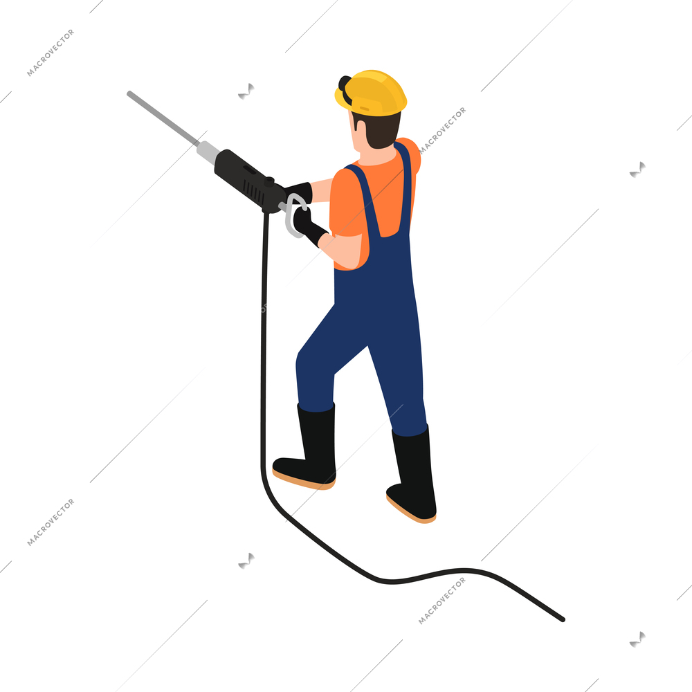 Isometric miner with drill back view vector illustration