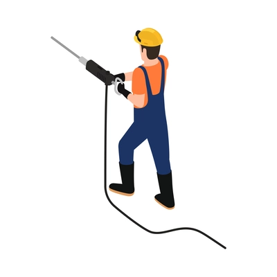 Isometric miner with drill back view vector illustration