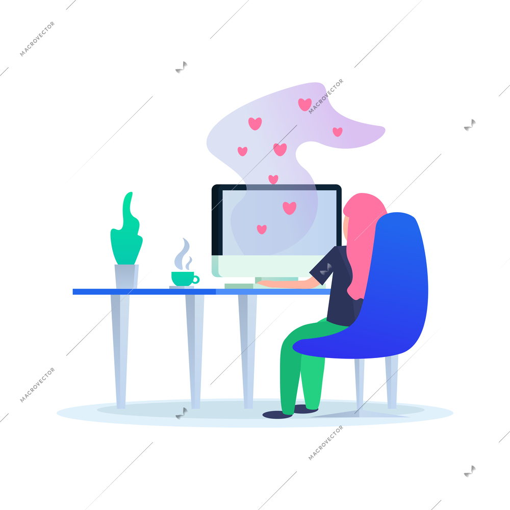 Woman chatting on dating website on computer flat vector illustration