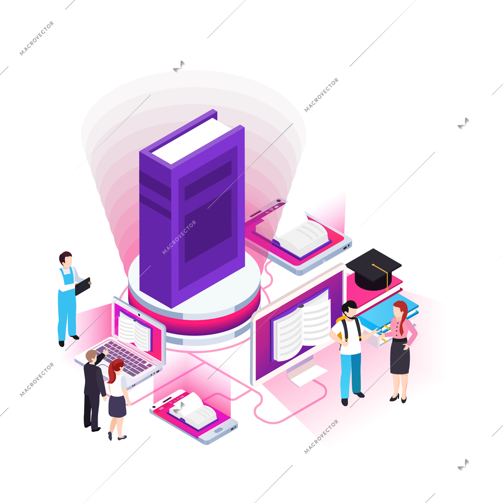 Elearning isometric concept with gadgets online books and characters of students 3d vector illustration