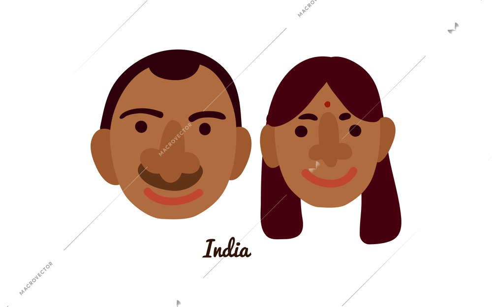 Two flat male and female human faces from india vector illustration