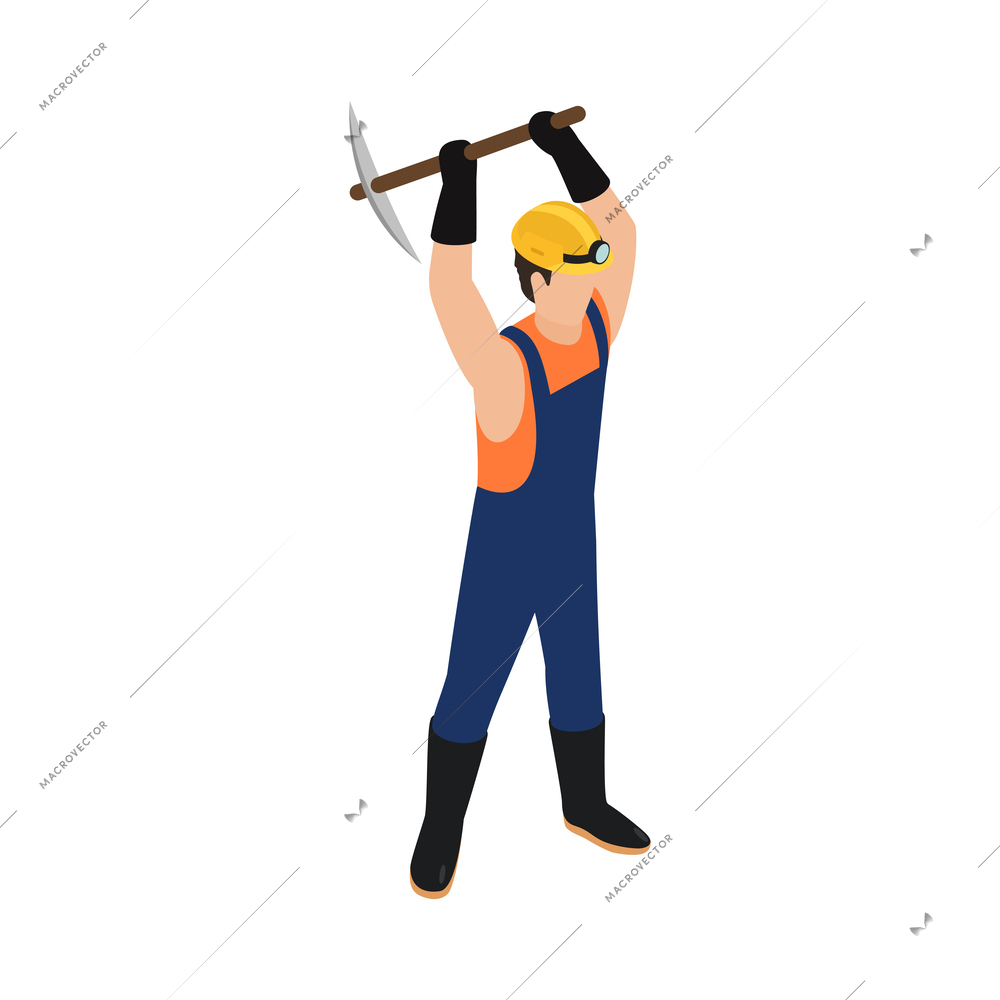 Isometric miner working with mattock 3d vector illustration