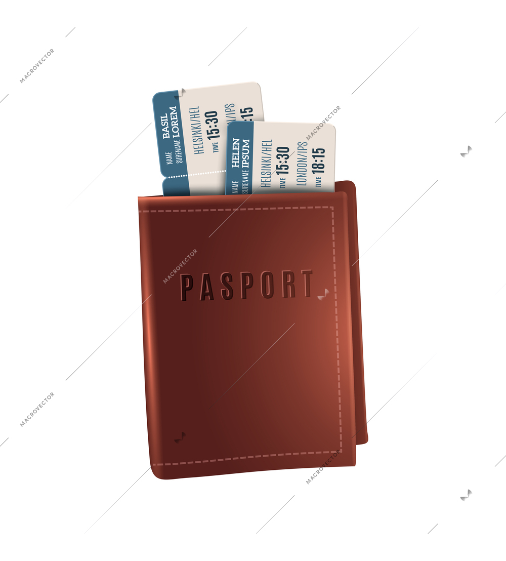 Realistic passport with plane tickets on white background vector illustration