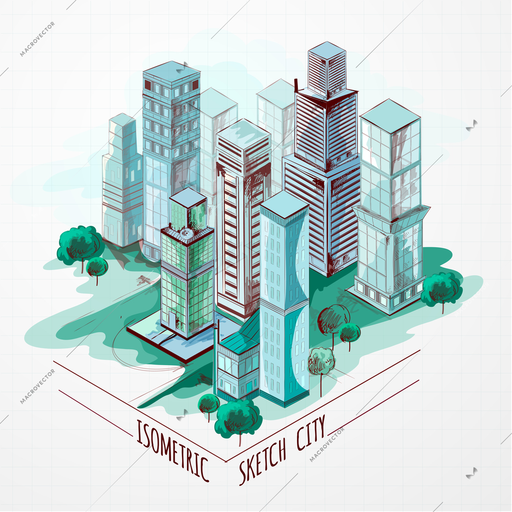 Isometric sketch modern city center architectural metropolitan landscape colored vector illustration