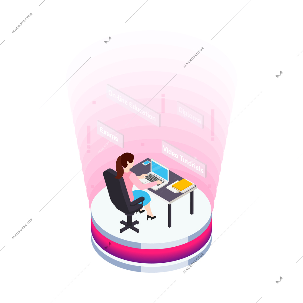 Elearning isometric concept with students studying online on her laptop 3d vector illustration