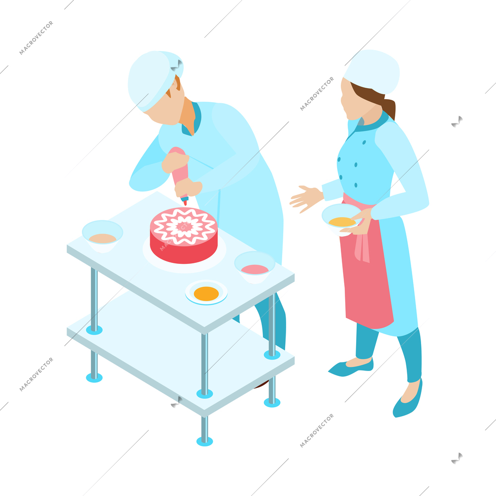 Isometric bakers or confectioners decorating cake 3d vector illustration