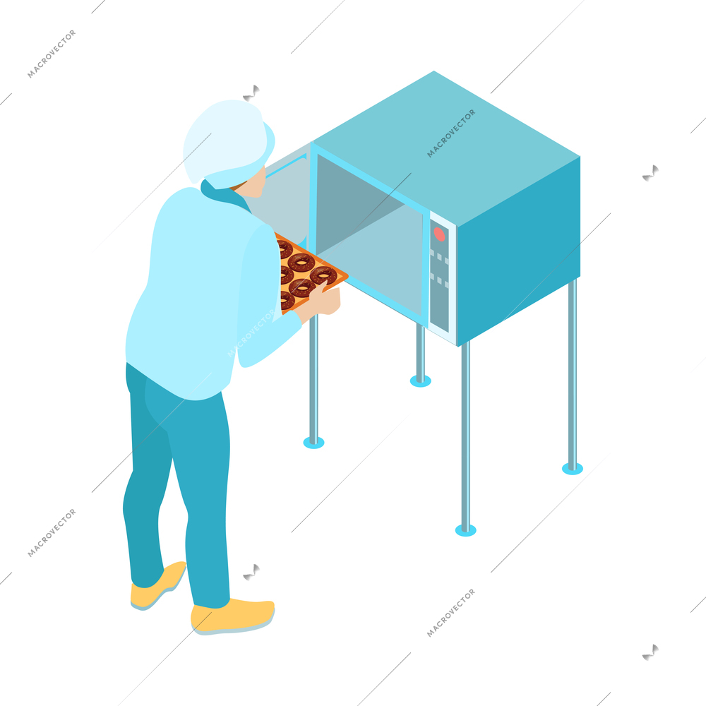 Baker holding tray with donuts isometric icon 3d vector illustration