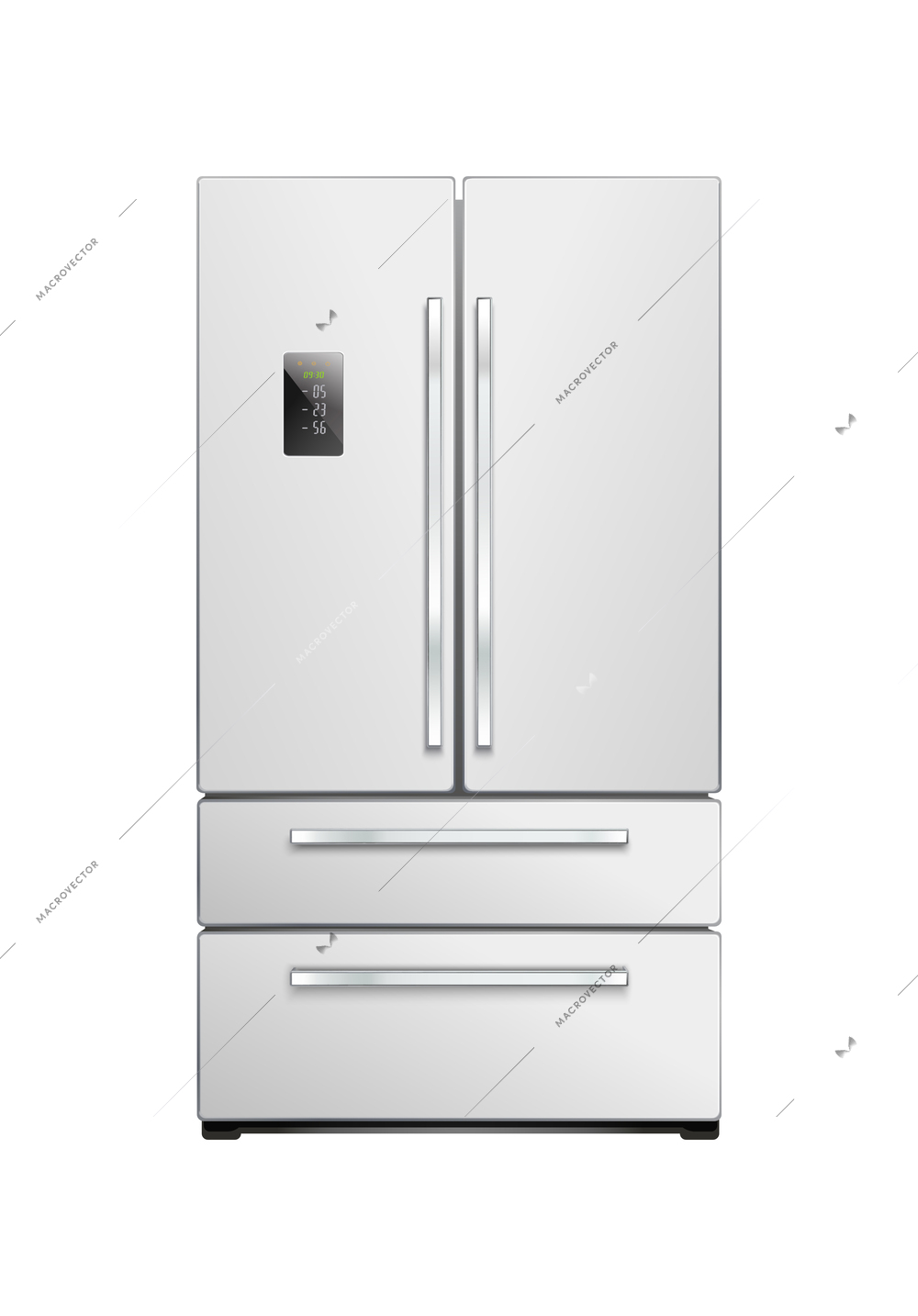 Realistic modern silver refrigerator with freezer and digital display front view vector illustration