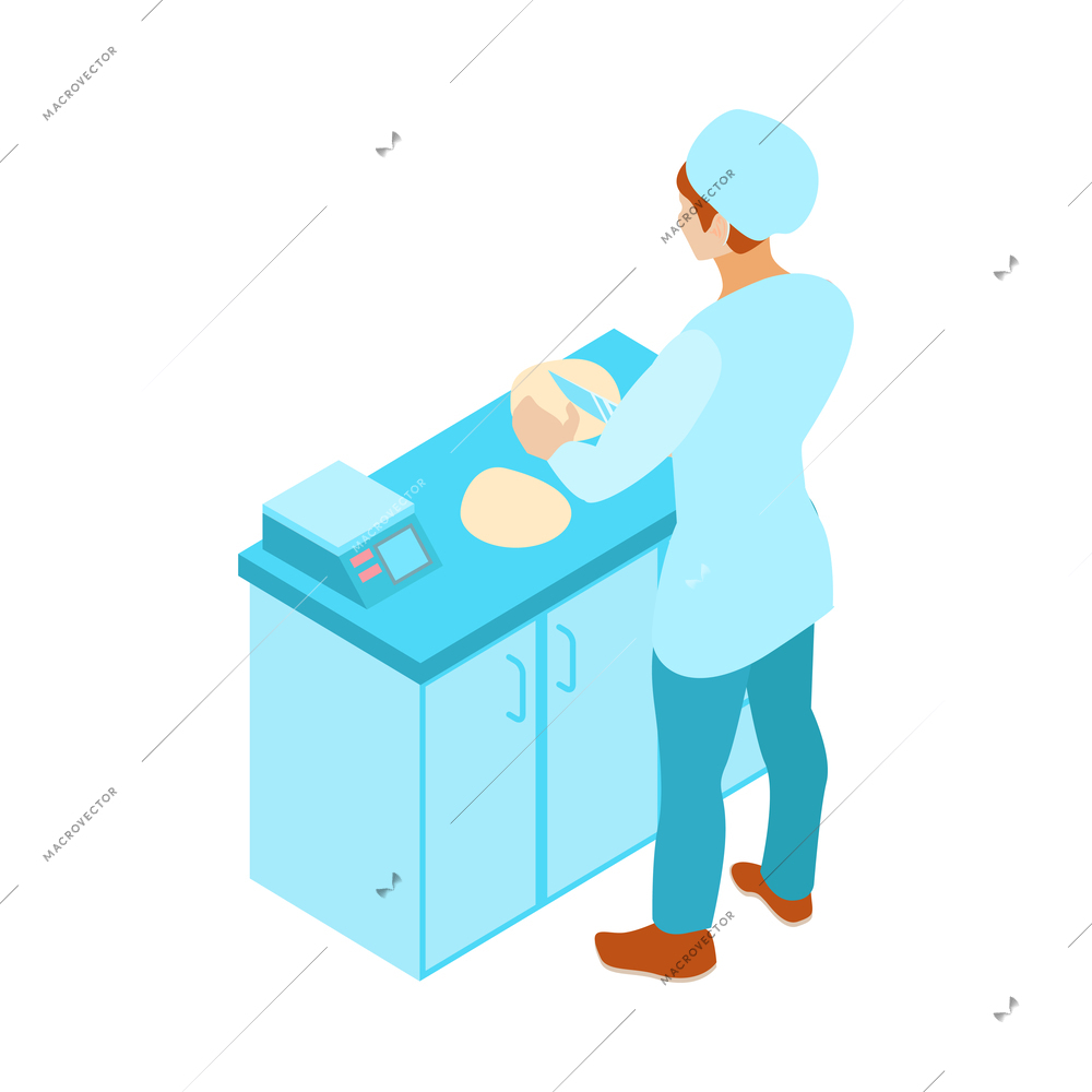 Isometric female baker cutting dough with knife 3d vector illustratio