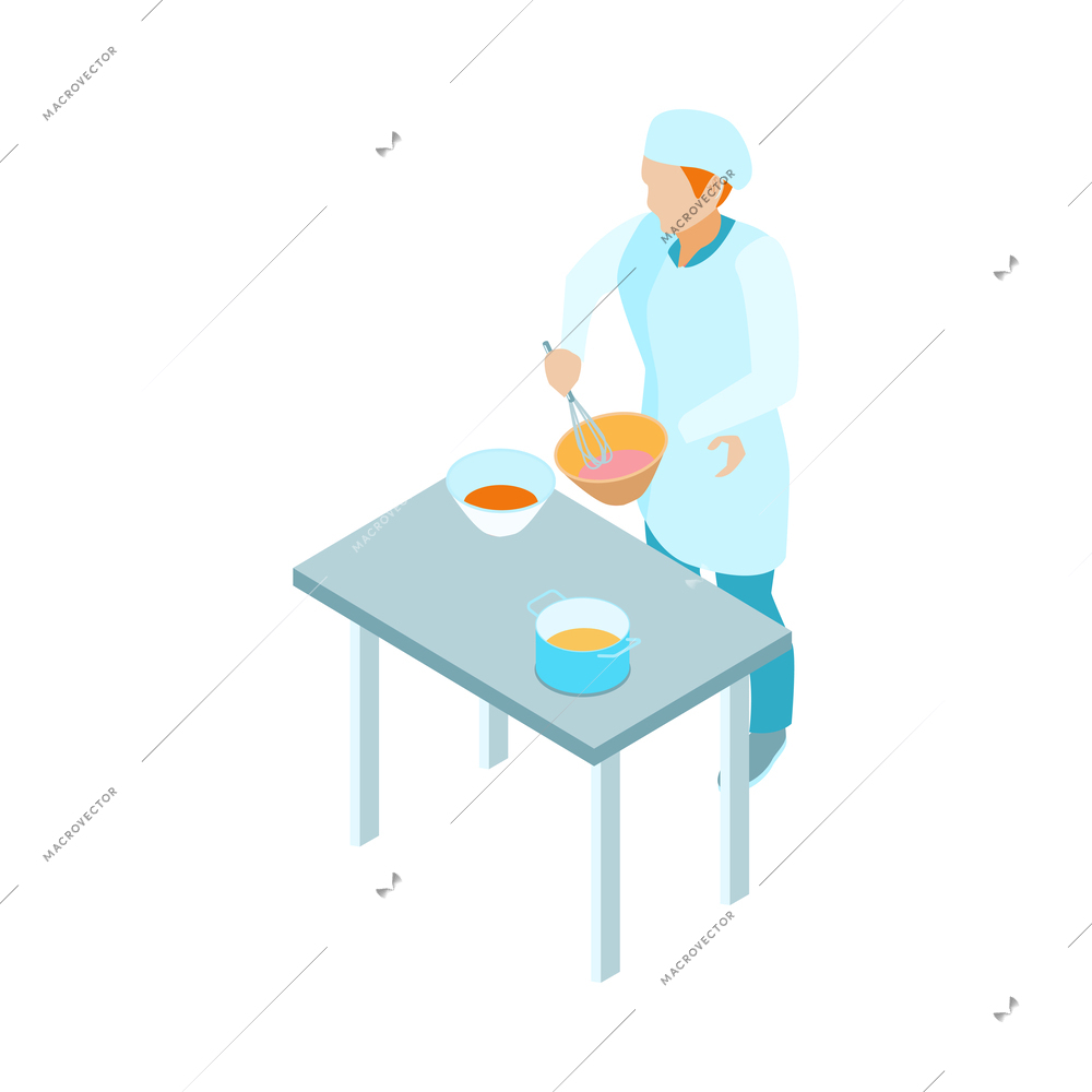 Isometric confectioner mixing icing for cake in bowl 3d vector illustration