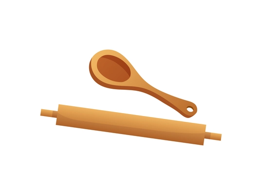 Flat wooden kitchen utensils with spoon and rolling pin vector illustration