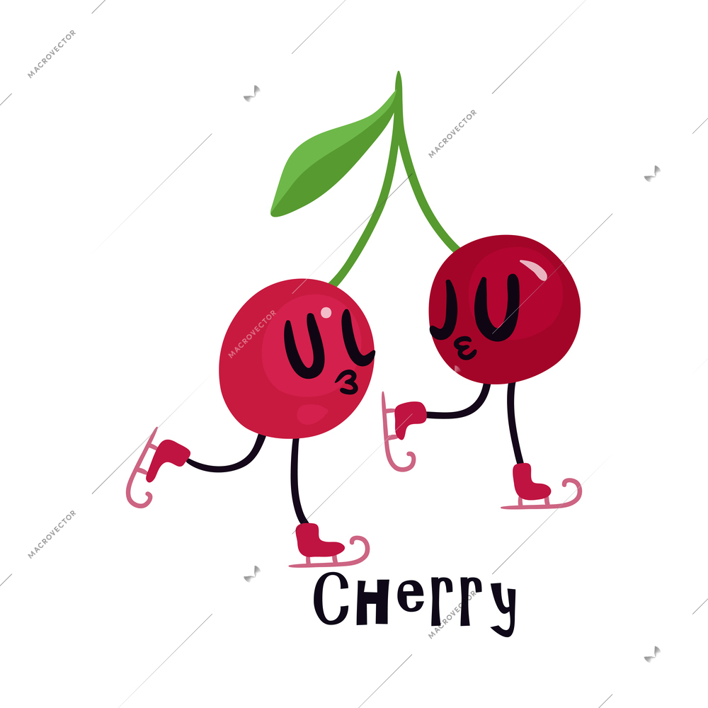 Cartoon cute couple of cherries ice skating vector illustration