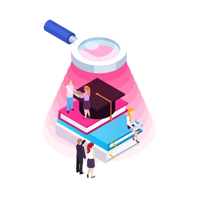 Elearning online training education virtual library isometric concept with students and books 3d vector illustration